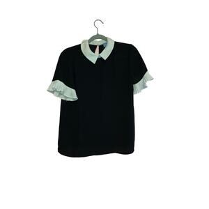 CeCe Contrast Peter Pan Collar Pleated Flutter Sleeve Top Size Small